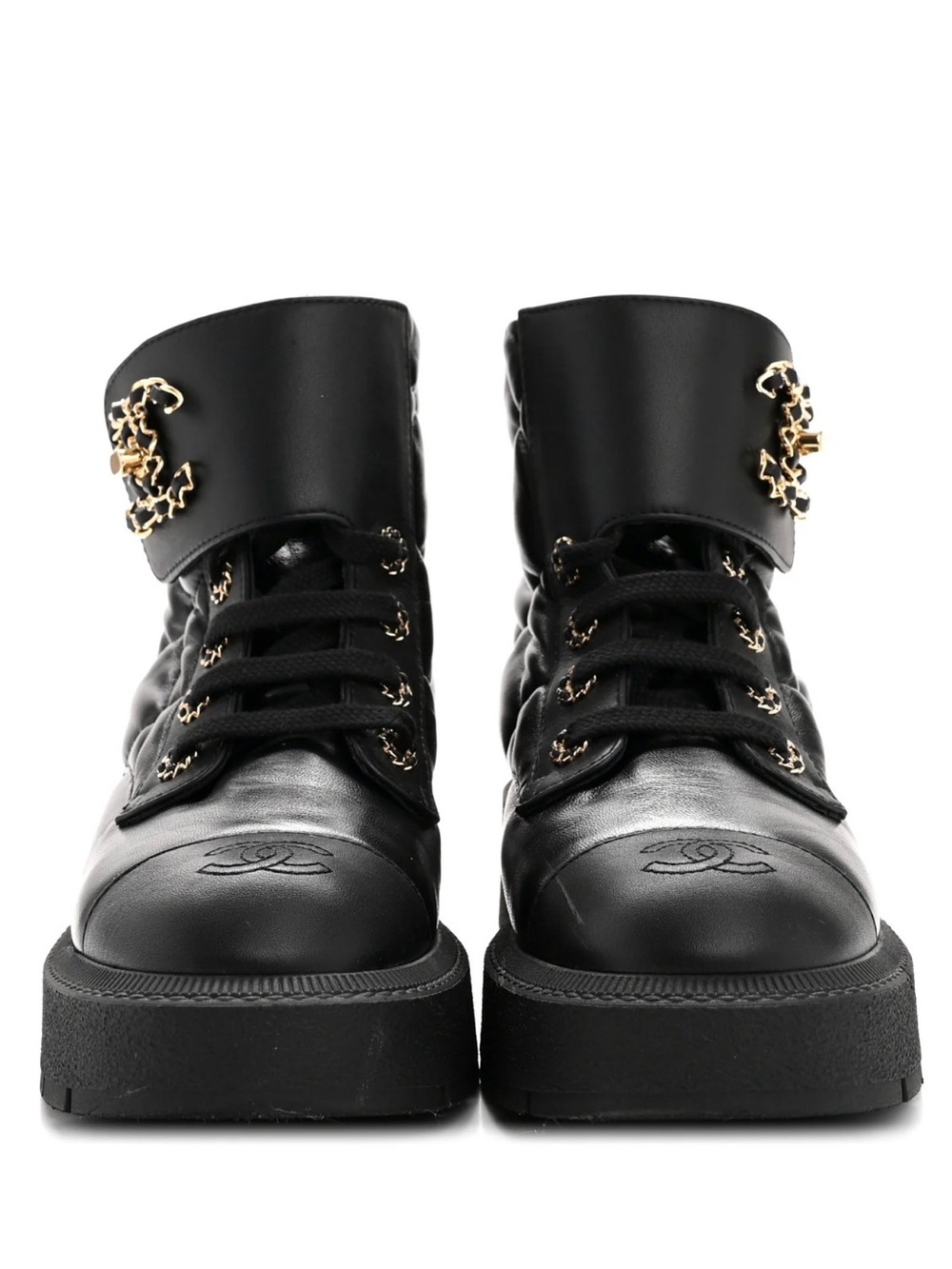 CHANEL Black Quilted Lace-Up Ankle Boots with Gold CC Chain